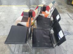 x3 Metal Stool with Leather Seats n Backing and x2 Colourful Patterned Fabric Chairs - 2