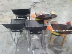 x3 Metal Stool with Leather Seats n Backing and x2 Colourful Patterned Fabric Chairs - 3