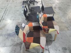 x3 Metal Stool with Leather Seats n Backing and x2 Colourful Patterned Fabric Chairs - 4