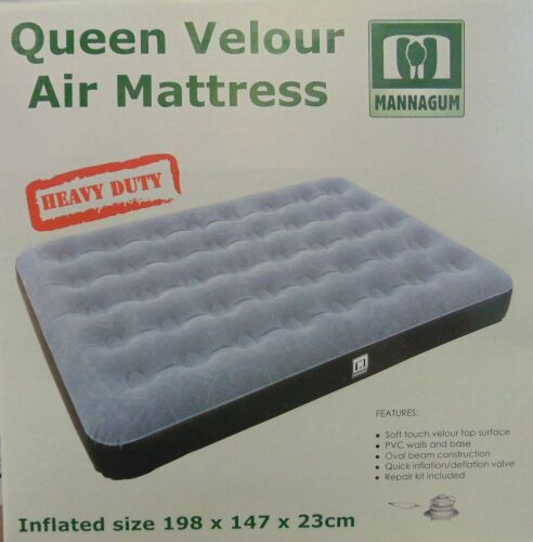 Mannagum Queen Velour Air Mattress - Inflated size 198 x 147 x 23cm - Brand New in Box - Heavy Duty