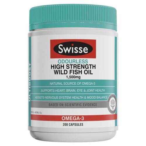 Swisse Ultiboost Odourless High Strength Wild Fish Oil 1500mg 200 Capsules x3