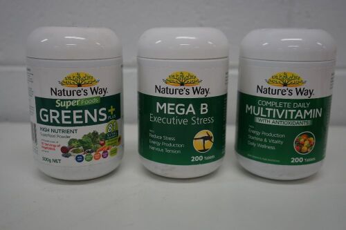Natures Way Mega B Executive Stress 200 Tablets x3, Nature's Way SuperFoods Greens Plus 300g x1, Natures Way Complete Daily Multivitamin 200 Tabletsx2