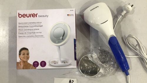 Bundle of Beurer Illuminated Cosmetics Mirror BS45 and Philips HandHeld Garment Steamer Blue GC300/20