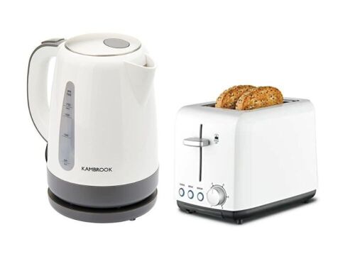 Kambrook A Perfect Fit 4 Slice Wide Slot Toaster White KTA140WHT and Kambrook Pour with Ease 1.7L Kettle KKE280WHT