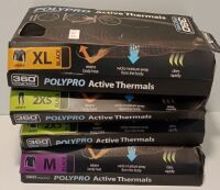 Assorted 360 degrees thermals, comprising of 1 x XL unisex L/S top, 1 x 2XS bottom, 1 x 2XS L/S top and 1 x M L/S top.
