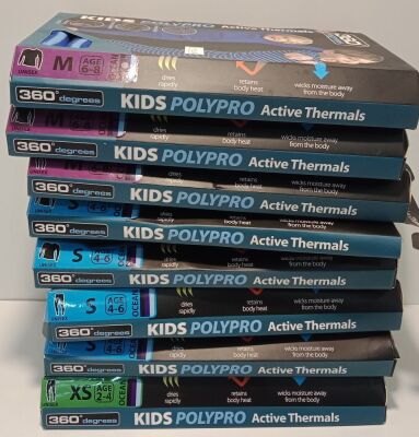 Assorted 360 degrees Kids thermals, comprising of 2 x M L/S tops age 6 to 8, 1 x M bottoms age 6 to 8, 2 x S L/S tops age 4 to 6, 2 x bottoms age 4 to 6 and 1 x XS bottom age 2 to 4.
