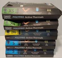 Assorted 360 degrees thermals, comprising of 1 x XS L/S top, 1 x XS bottom, 1 x 2XL L/S top, 1 x S L/S top and 1 x S bottom.