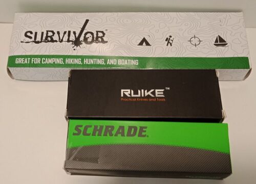 3 x knives, 1 x Ruike P801 Framelock Folding Knife (P801-SB), 1 x Schrade SCH311 Folding Knife (SCH311) and 1 x Survivor Fixed Blade Survival Knife (M4140)
