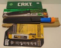 3 x knives, 1 x CRKT Pangolin (CR2790), 1 x M48 Apocalypse Fixed Blade Knife (UC2967), 1 x Fury fixed blade knife and 1 x Work Sharp Guided Field Sharpener (VVSGFS221)
