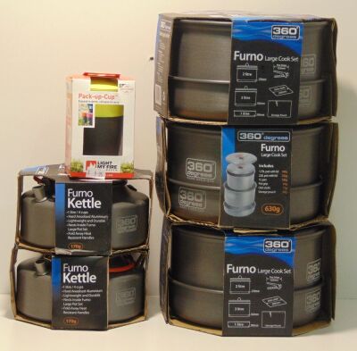 Carton comprising 3 x 360 Degrees Furno Aluminium 1L Kettle (360FURNOKETTLE), 2 x 360 Degrees Furno Aluminium 1L Kettle (360FURNOKETTLE) and 1 x Light My Fire Pack Up Cup [Colour: Lime] (LMF42390510)