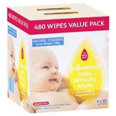 4 x Johnson's Baby Skincare Wipes Ultra Sensitive Fragrance Free 6 x 80 Pack