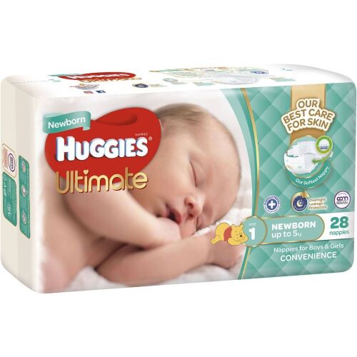 Huggies Ultimate Newborn Nappies 28pk x 4, Huggies Gentle Touch Baby Wipes 80 wipes x 5