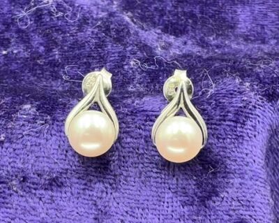 Sterling Silver Freshwater Pearl & White Cubic Zirconia Tear Drop Earrings