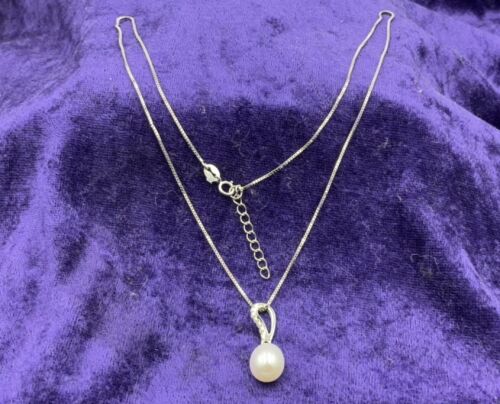 Sterling Silver Freshwater Pearl And White Cubic Zirconia Pendant - Comes With Sterling Silver Box Chain