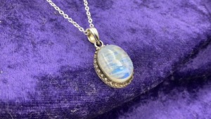 Sterling Silver Oval Moonstone Pendant - Plated Chain - 2