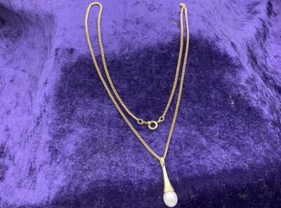 9ct Yellow Gold White Freshwater Pearl Drop Bar Pendant- Plated Chain