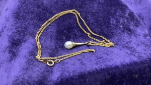 9ct Yellow Gold White Freshwater Pearl Drop Bar Pendant- Plated Chain - 2
