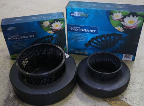 Carton containing Aquapro floating ring and baskets 5 x 14cm, 4 x 22cm and 2 x pond net covers.