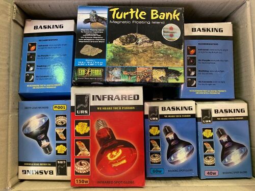 DNL box of assorted basking and infrared heat globes, plus turtle enclosure accessories