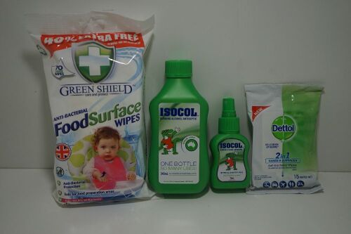 Dettol Hand and Surface Wipes 15pk x 6, Food Surface Wipes x 4, Isocol Antibacterial Spray 75ml x 4, Isocol Antiseptic 375ml x 1