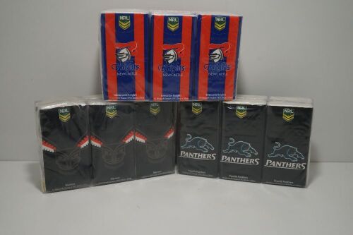 Various Pocket Tissues 6 pack x 18 including Newcastle Knights, Penrith Panthers and New Zealand Warriors