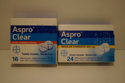 Aspro Clear Pain Relief 24 Soluble Tablets Regular Strength 300mg x 12, Aspro Clear Pain Relief 16 Soluble Tablets Extra Strength 500mg x 3