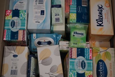 Various Tissue Boxes and pkts including Kleenex and Sorbent, Antibacterial Wipes, Hand Wash