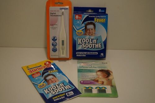 Various Kool n Soothe 6 Sheet packs, Baby Wearable Underarm Thermometers and Digital Thermometers