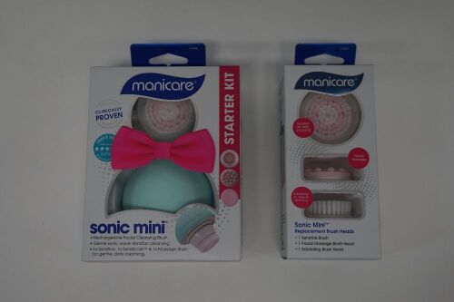 Manicare Sonic Mini SensiScrub Starter Kit Blue, Manicare Sonic Mini Facial Cleanser Replacement Brush Heads 3 Pack