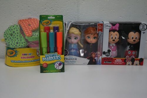 Mickey Mouse & Frozen II Bath Buddies Packs, Crayola Bathtub Markers, Crayola 36 Bath Letters & Number Sets x2