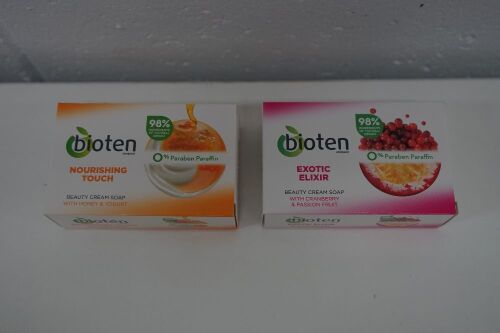 Bioten Soap Bar Exotic Elixir Cranberry & Passionfruit 100g x18, Bioten Soap Bar Nourish Touch Milk & Honey 100g x18
