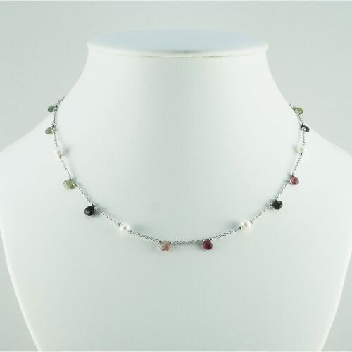 Freshwater pearl & sapphire set silver necklace