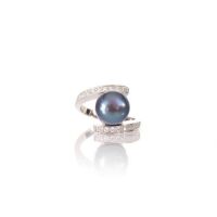 Black Pearl And Cubic Zirconia Sterling Silver Ring