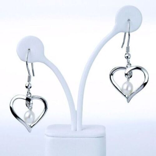White freshwater pearl heart shaped earrings in sterling silver