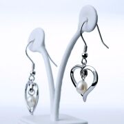 White freshwater pearl heart shaped earrings in sterling silver - 2