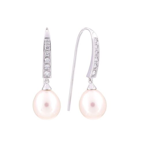 One pair of ladies 9ct White Gold earring with Freshwater pearl & 12 round diamonds TDW=0.26ct
