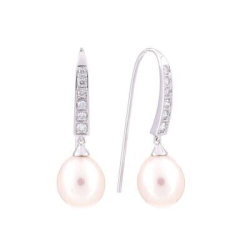 One pair of ladies 9ct White Gold earring with Freshwater pearl & 12 round diamonds TDW=0.26ct