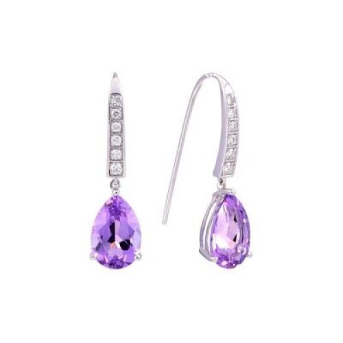 One pair of ladies 9ct White Gold earring with light purple Amethyst & 12 round diamonds TDW=0.26ct