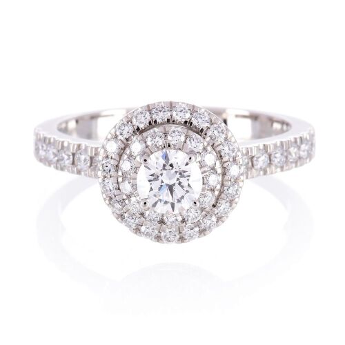One ladies platinum double Halo engagment ring with 45 round diamonds TDW=1.04ct