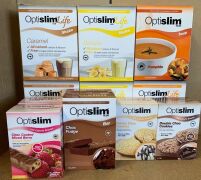 box of assorted optislim shake sachets, soup sachets and snack bars, assorted flavours
