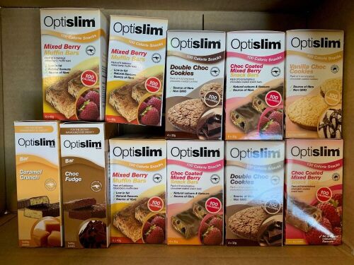 box of assorted Optislim snack bars and cookies, assorted flavours.
