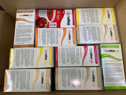 box of assorted optislim soup and meal replacement sachets, assorted flavours