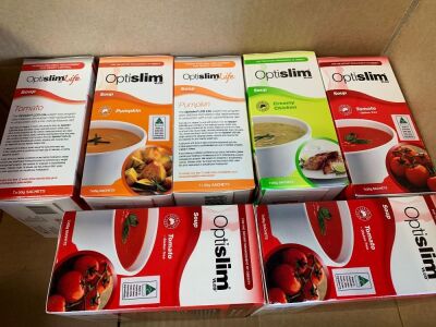 box of assorted Optislim meal replacement soup sachets, assorted flavours