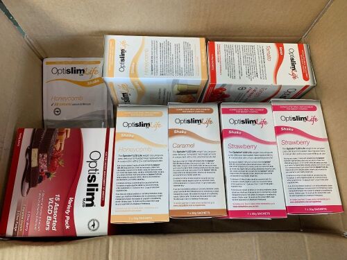 box of assorted optislim products, soups and meal replacement shakes