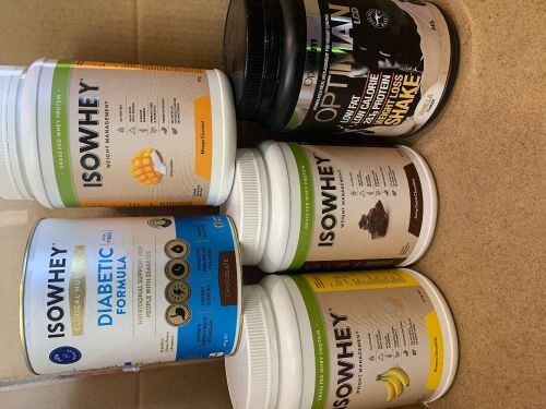 box of assorted meal replacement shakes, assorted flavours, optiman and ISOWHEY