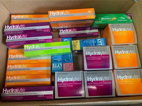 box of assorted hydralyte tablets and sachets, assorted flavours