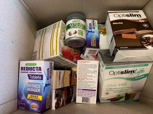 box of assorted weightloss diet products, consisting of meal replacement shakes, detox sachets, hunger tablets, snack bars etc.