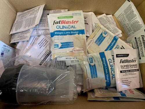 box of assorted fat blaster meal replacement shakes , flavours chocolate and vanilla, plus shaker