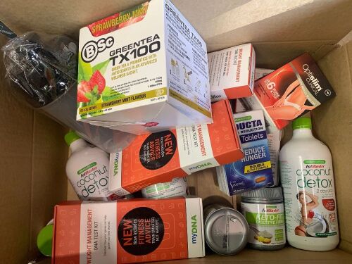box of assorted weightloss products, consisting of, hunger tablets, detox sachets, fatblaster tablets and more