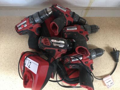 5 x Milwaukee Portable Battery Electric Drills with Charger and Carry Case